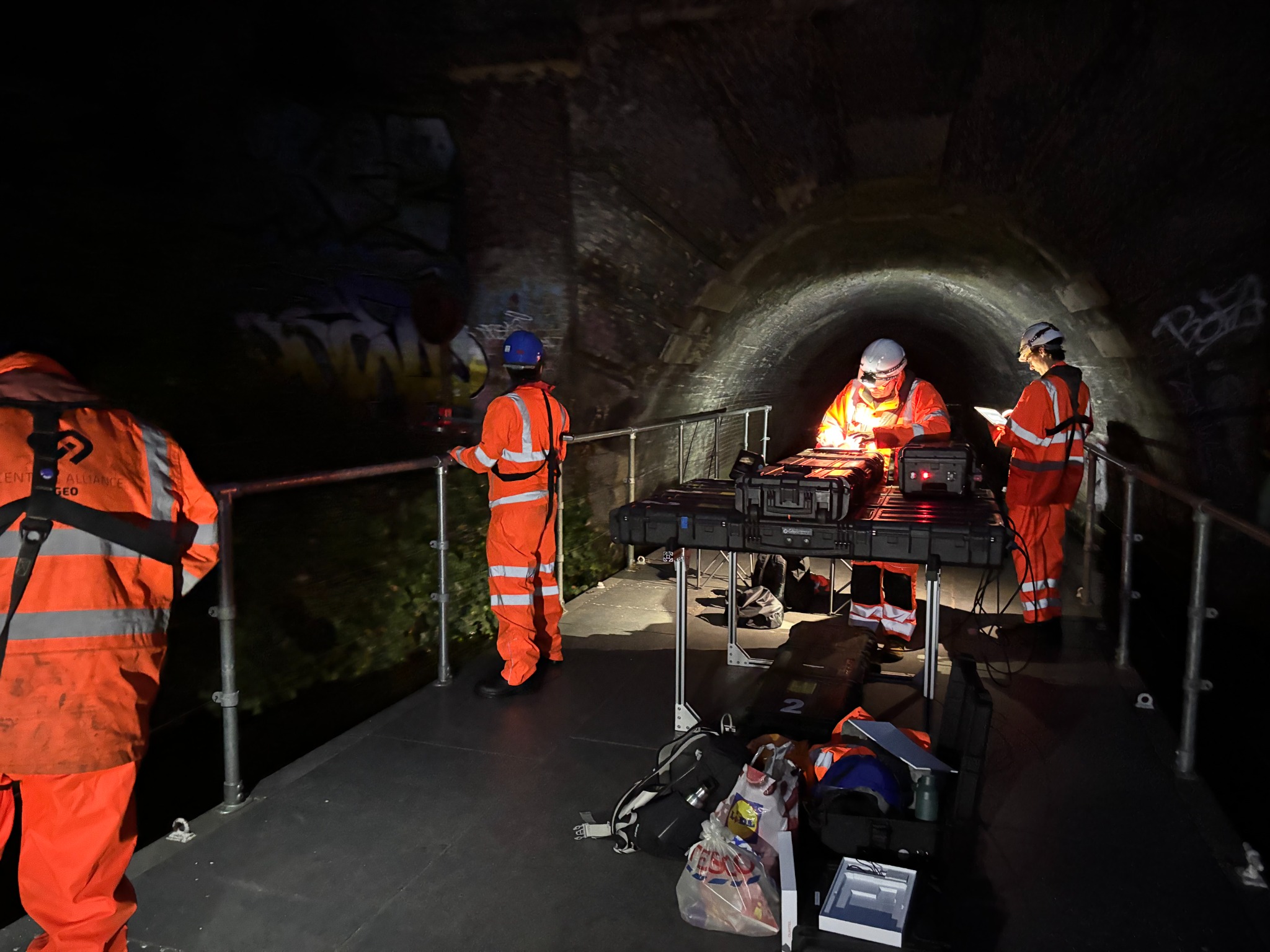 Specialist survey team and equipment working from a WHH platform inside Islington Tunnel